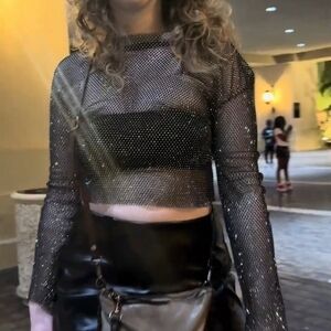 Black Sheer Chain Mail Long Sleeve Top